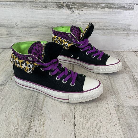 Converse Shoes - Converse Hi Tops Double Flap Black Leopard Purple Lime Green Women  8 - 540279F